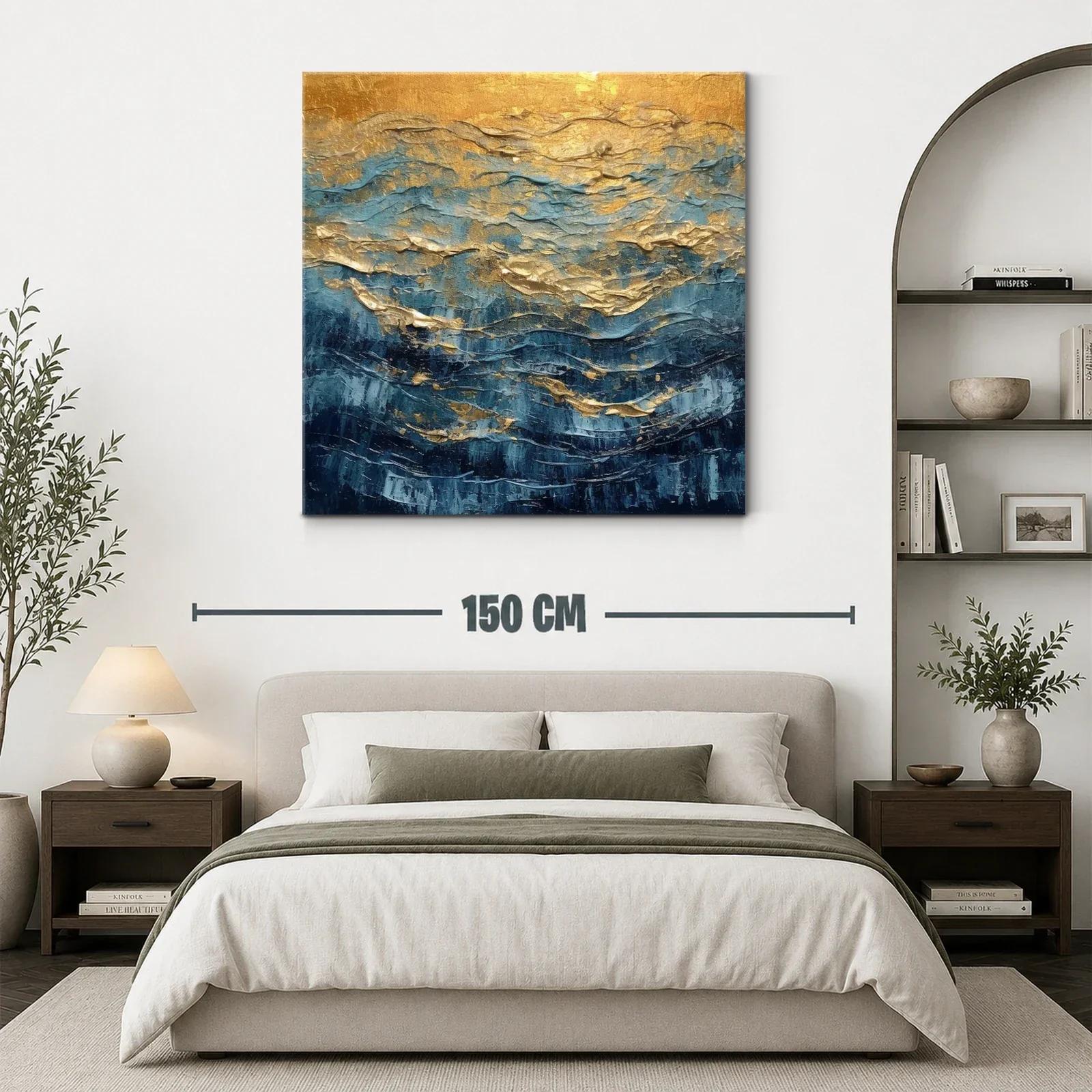 Cuadro abstracto con tonos dorados y azules vibrantes — miniatura 3