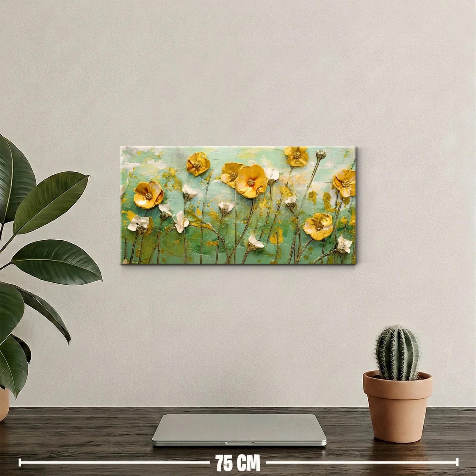 Cuadro amapolas amarillas con fondo verde agua — miniatura 2