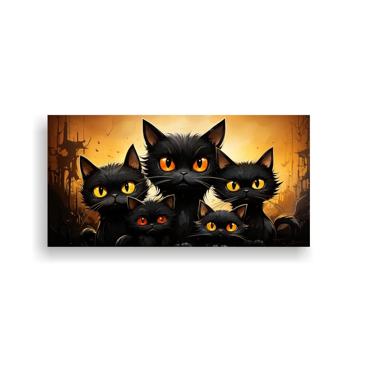 Cuadro grupo de gatos negros con ojos ámbar y fondo oscuro