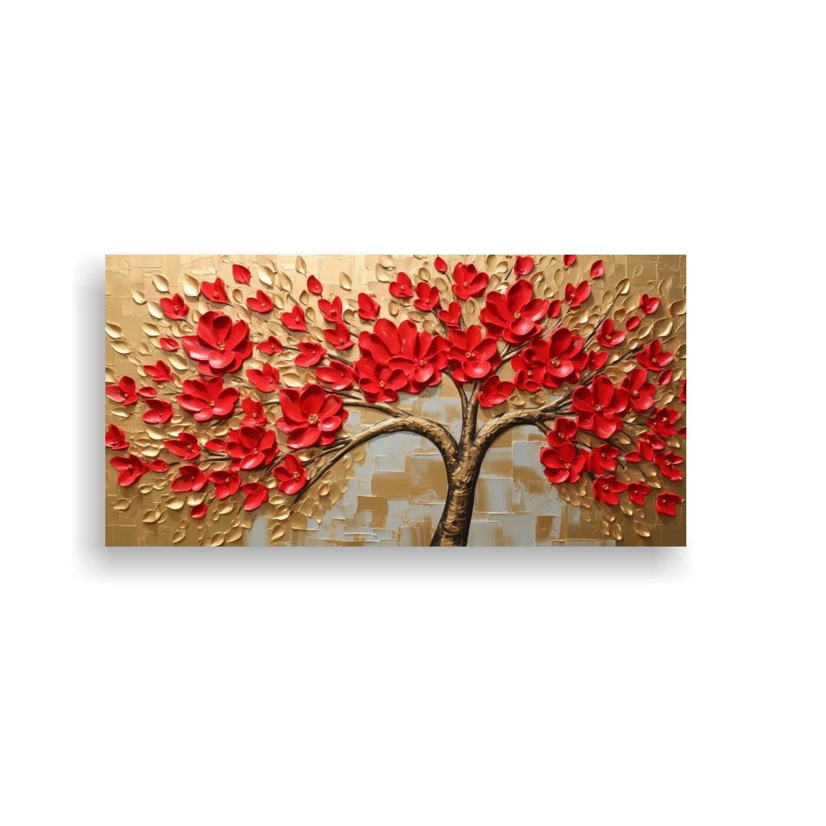 Cuadro árbol con flores rojas y hojas doradas