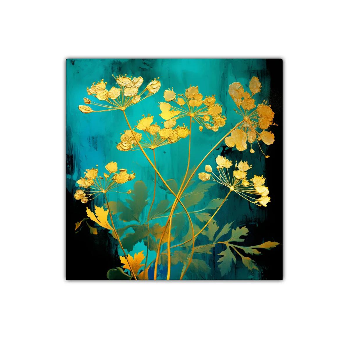 Flores doradas sobre fondo turquesa vibrante — imagen principal