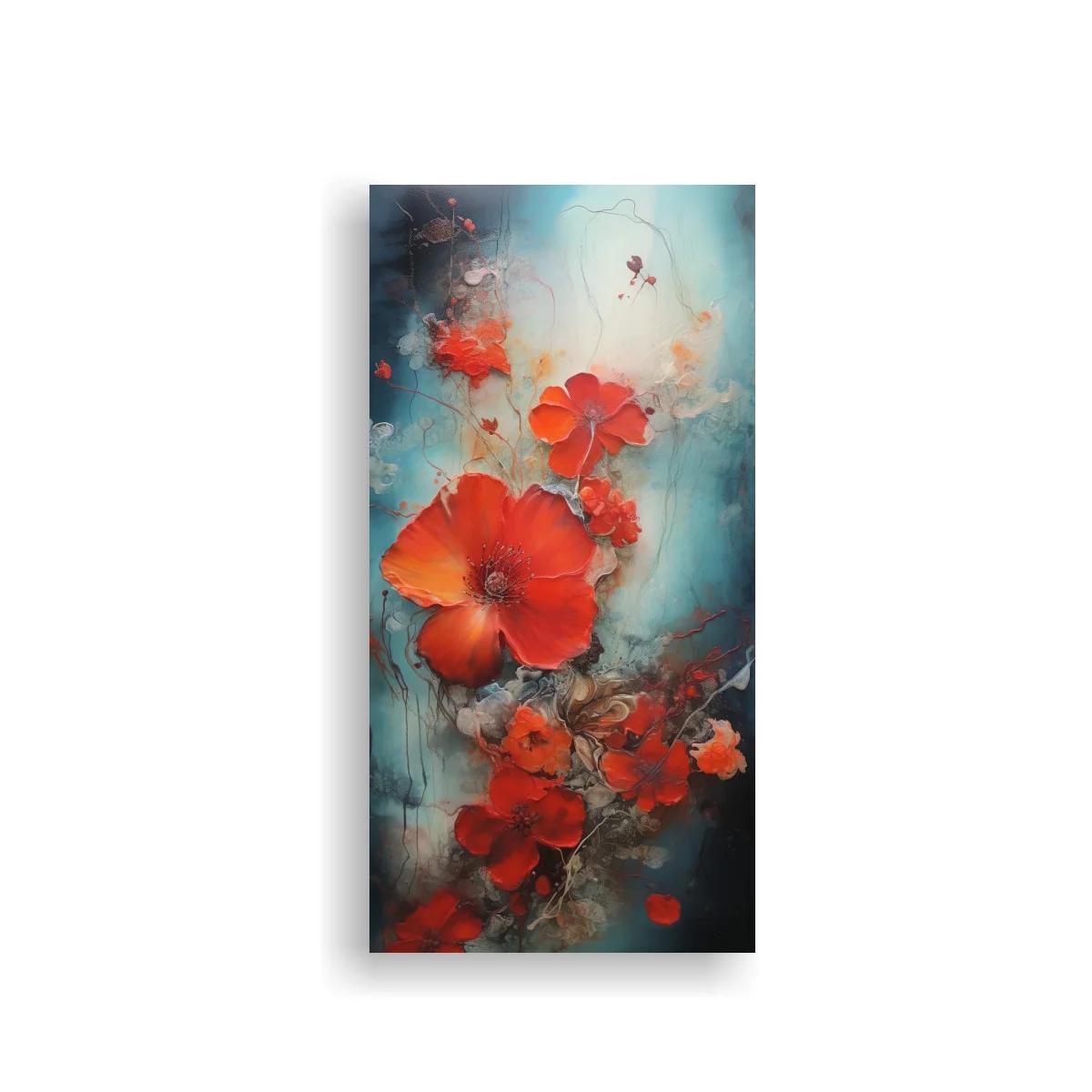Cuadro de amapolas rojas con fondo azul verdoso