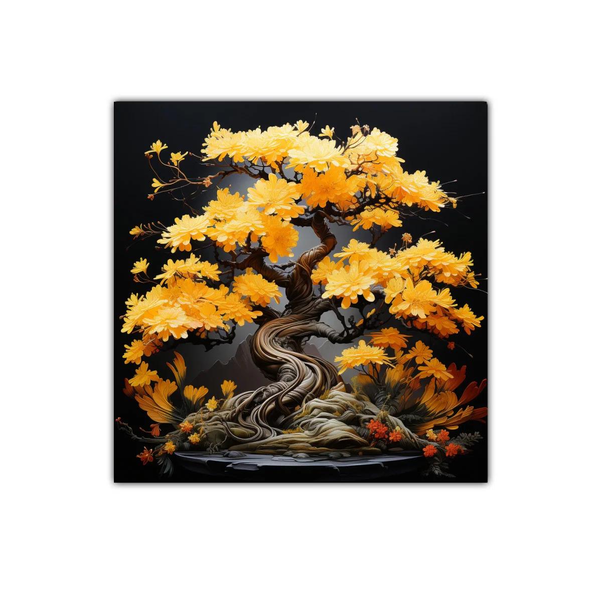 Árbol con flores doradas sobre fondo oscuro vibrante — imagen principal