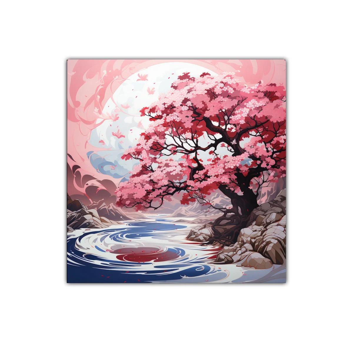 Impresionante árbol de flores rojas junto a río sereno — imagen principal