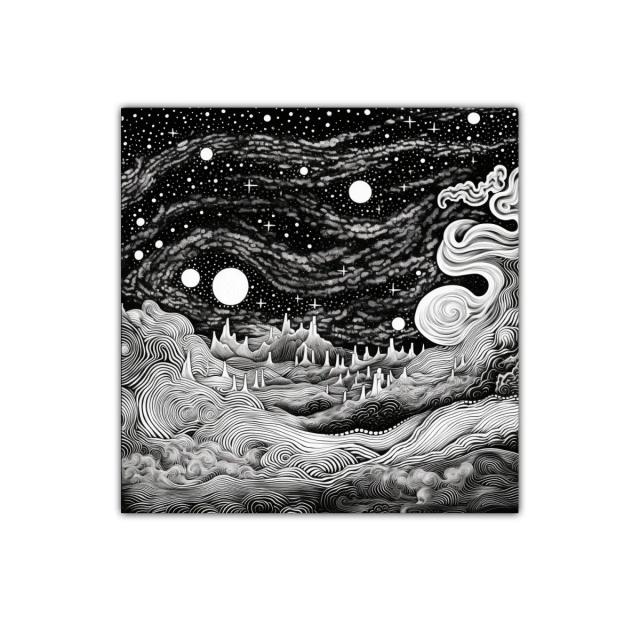 Paisaje cósmico en blanco y negro con formas onduladas