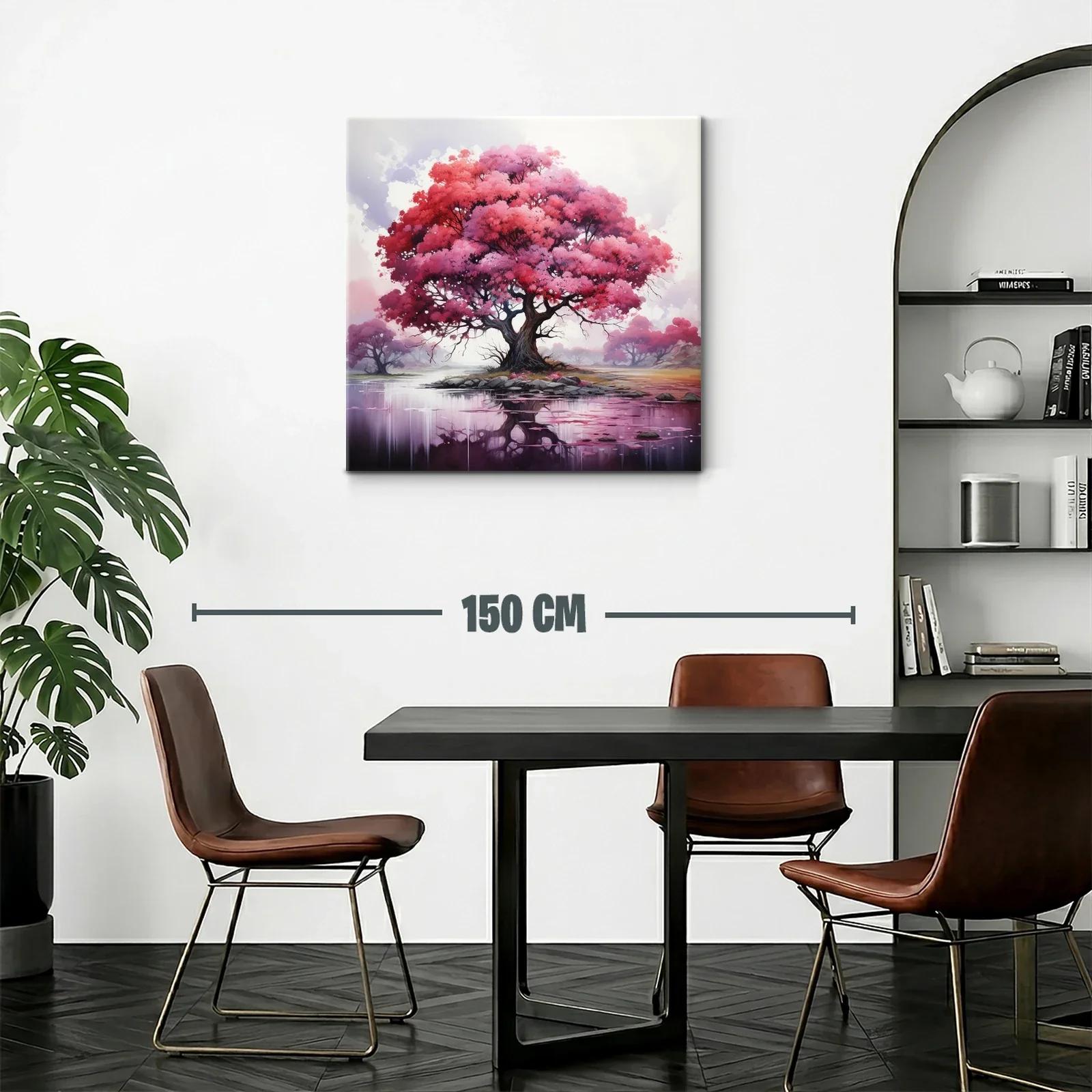 Árbol rosa con reflejo en lago sereno y místico — miniatura 2