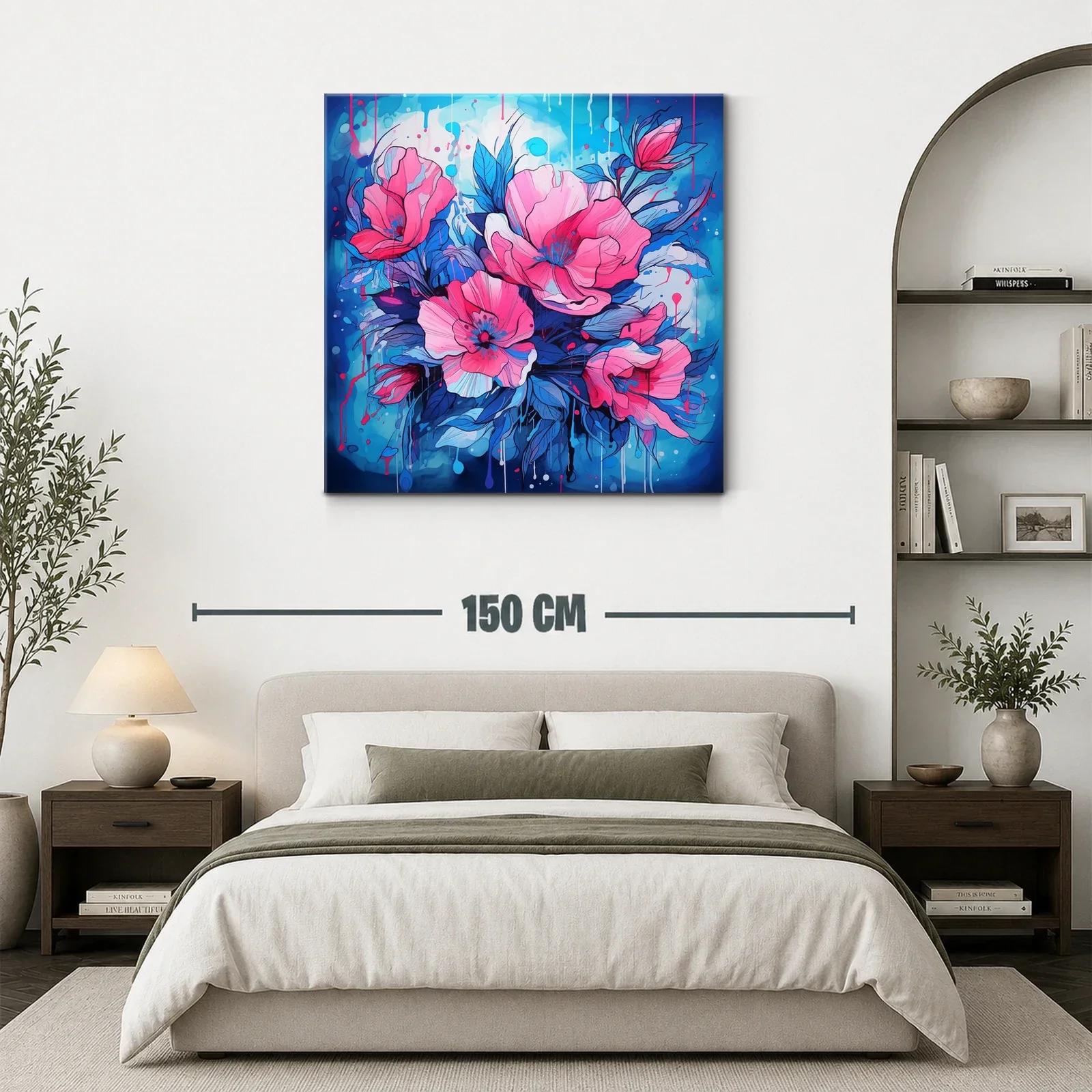 Cuadro vibrante con flores rosas y azul eléctrico — miniatura 3