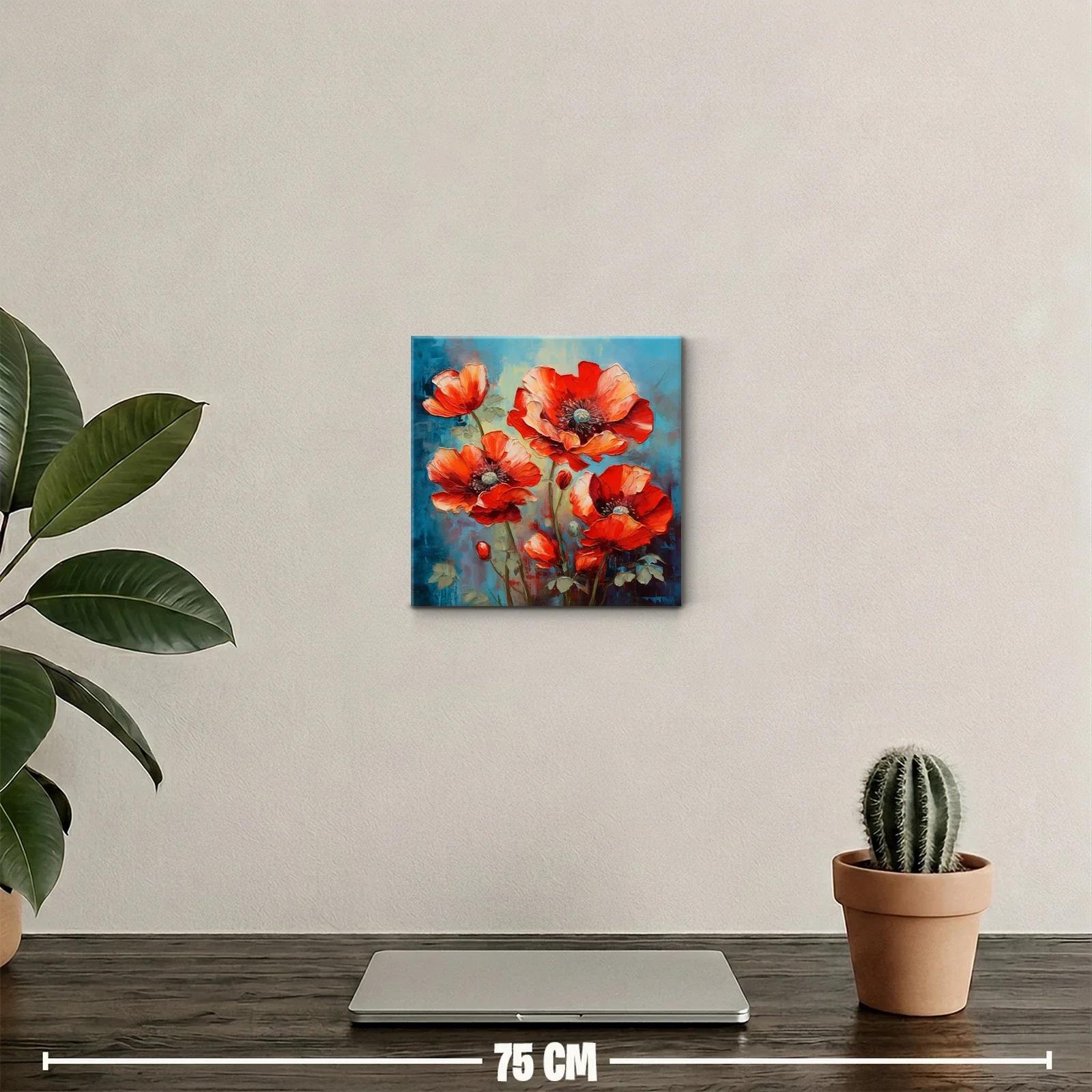 Cuadro decorativo con vibrantes flores rojas sobre fondo azul — miniatura 2