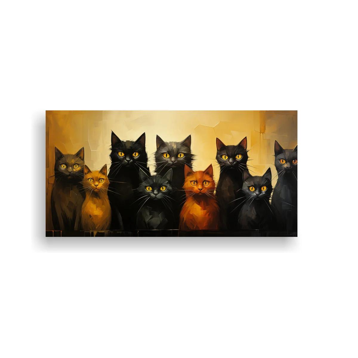 Cuadro grupo de gatos negros y naranjas con ojos amarillos
