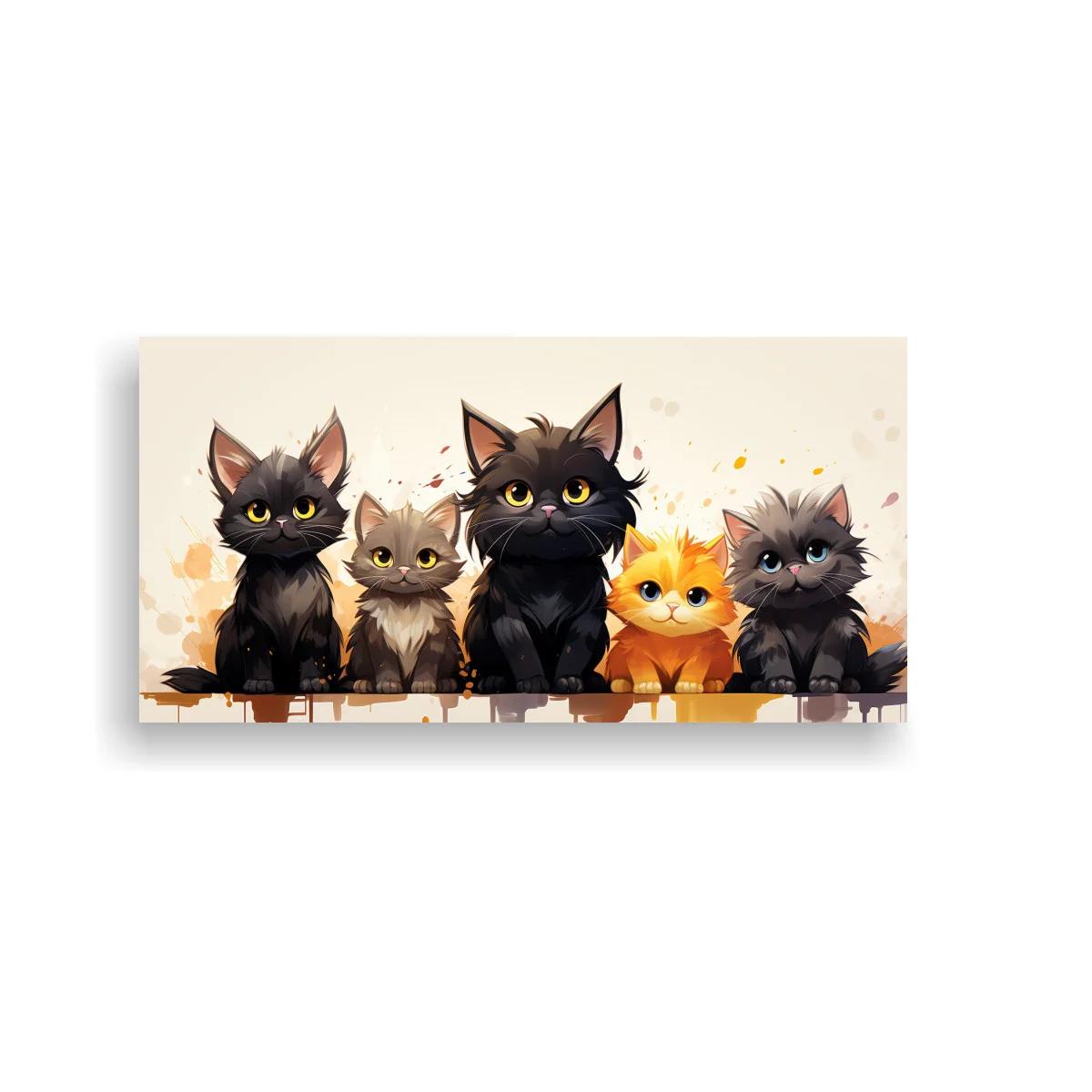 Cuadro grupo de cinco gatos con gato negro destacado