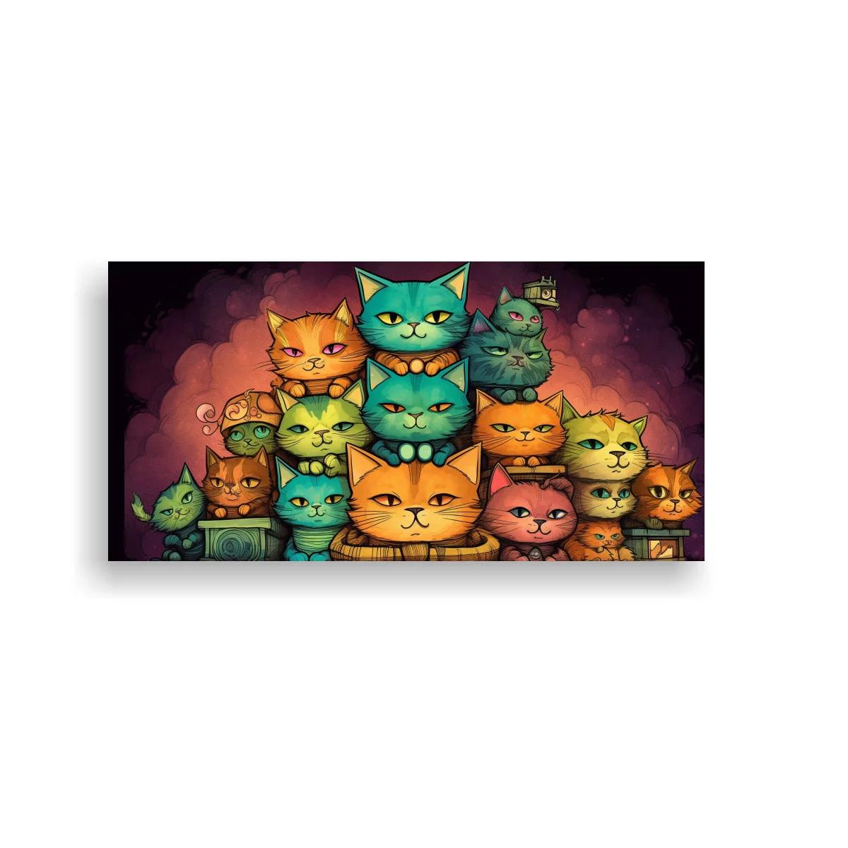 Cuadro grupo de gatos de colores con casitas