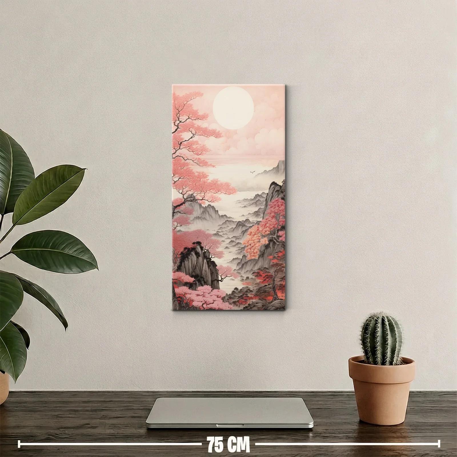 Cuadro paisaje con cerezos en flor y montañas en niebla — miniatura 2