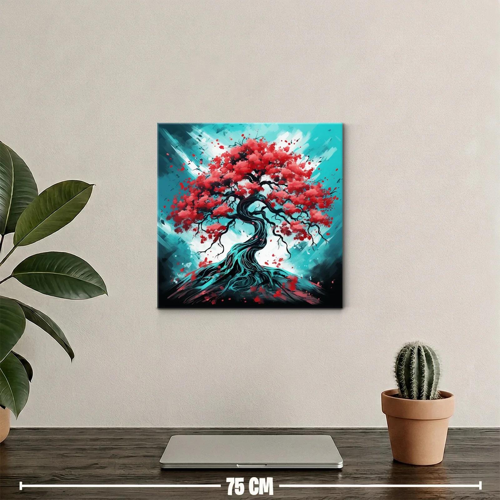 Árbol con hojas rojas sobre fondo azul vibrante — miniatura 2
