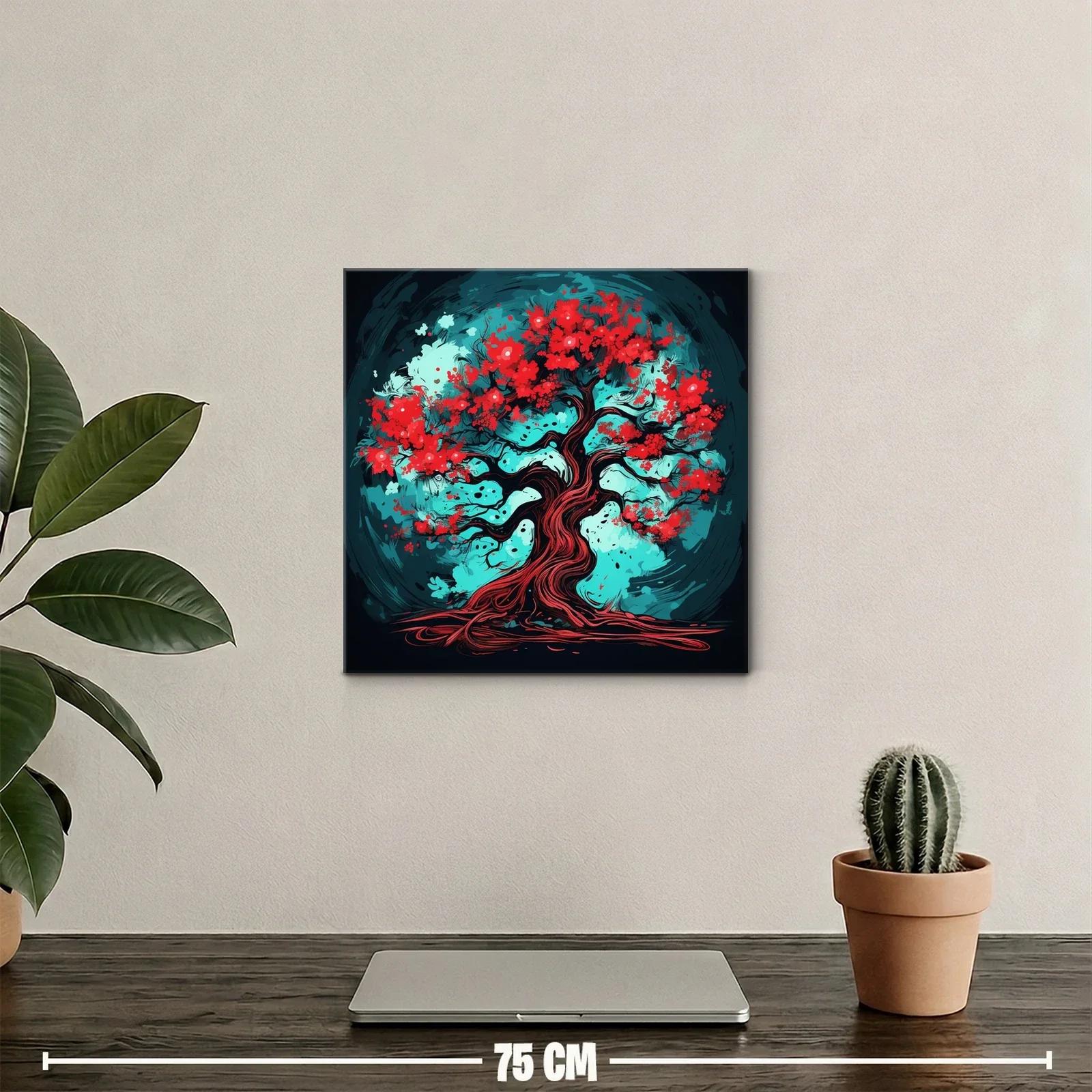 Árbol vibrante con flores rojas y fondo turquesa intenso — miniatura 2