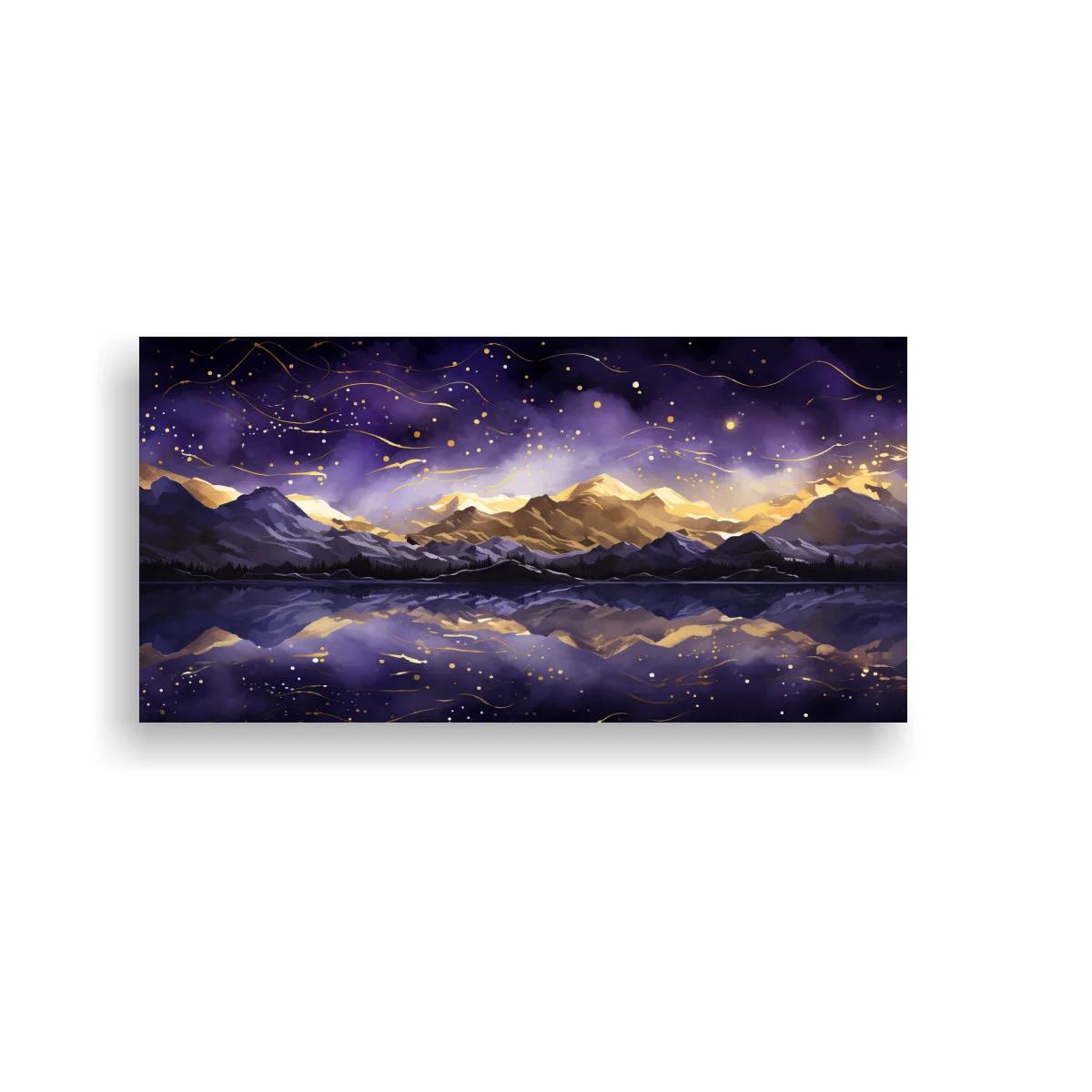 Cuadro cordillera de montañas nevadas con reflejo dorado