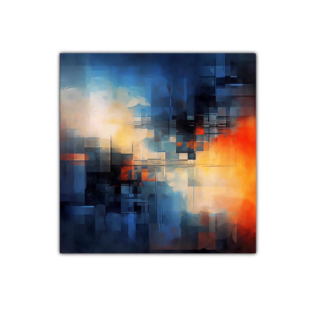 Composición abstracta en tonos azules y naranjas vibrantes