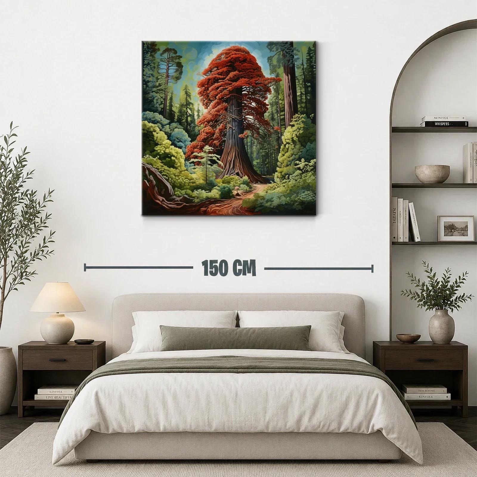 Gran árbol rojo rodeado de bosque verde vibrante — miniatura 3