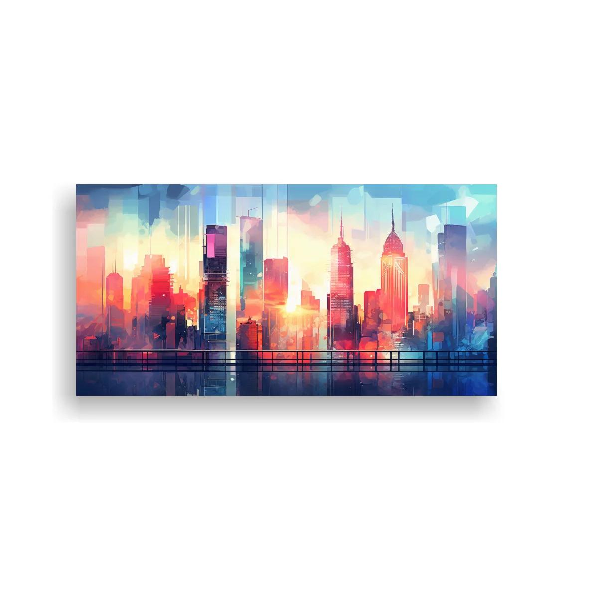 Cuadro skyline urbano con reflejos y cielo luminoso