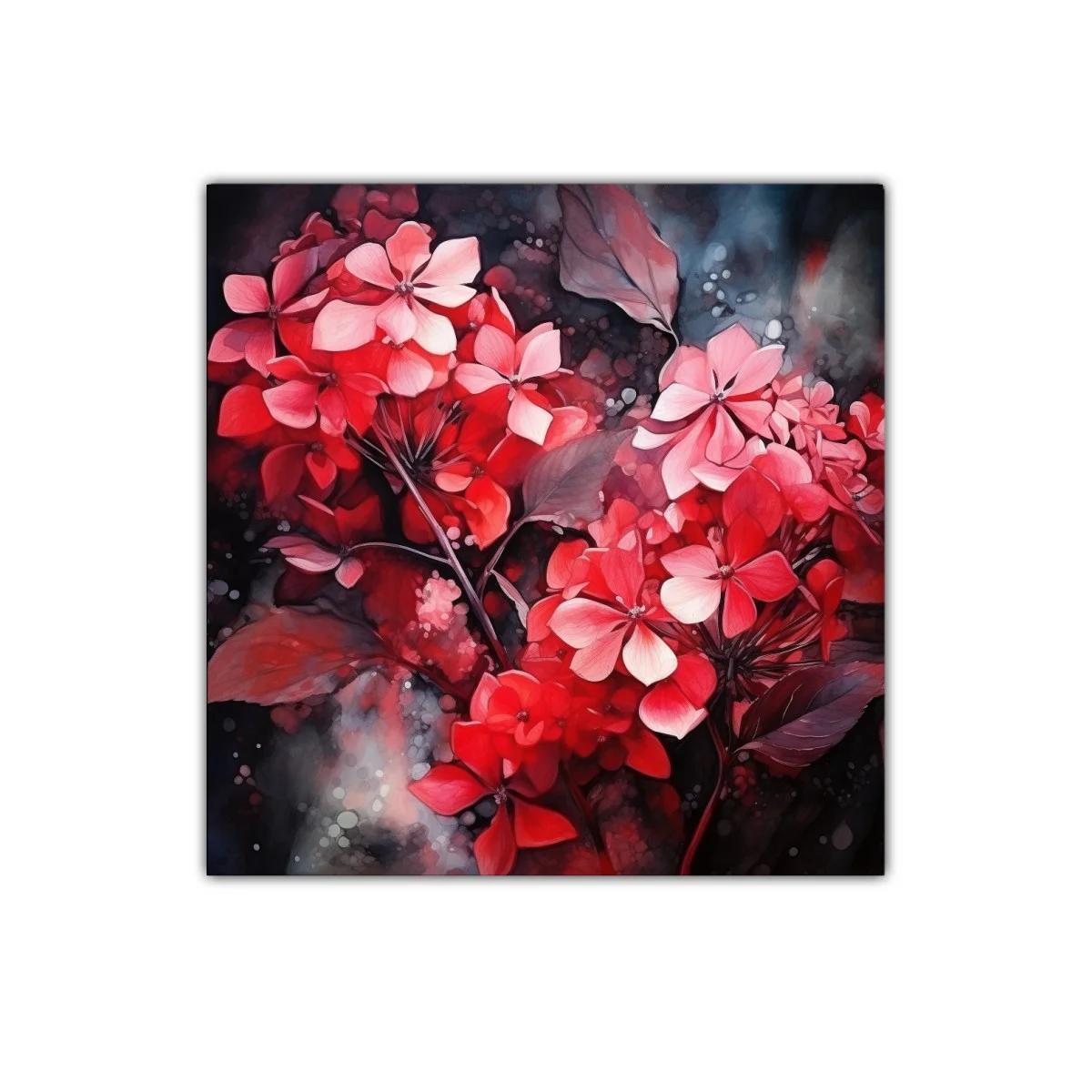 Floral vibrante en tonos rojos y rosas con fondo oscuro — imagen principal