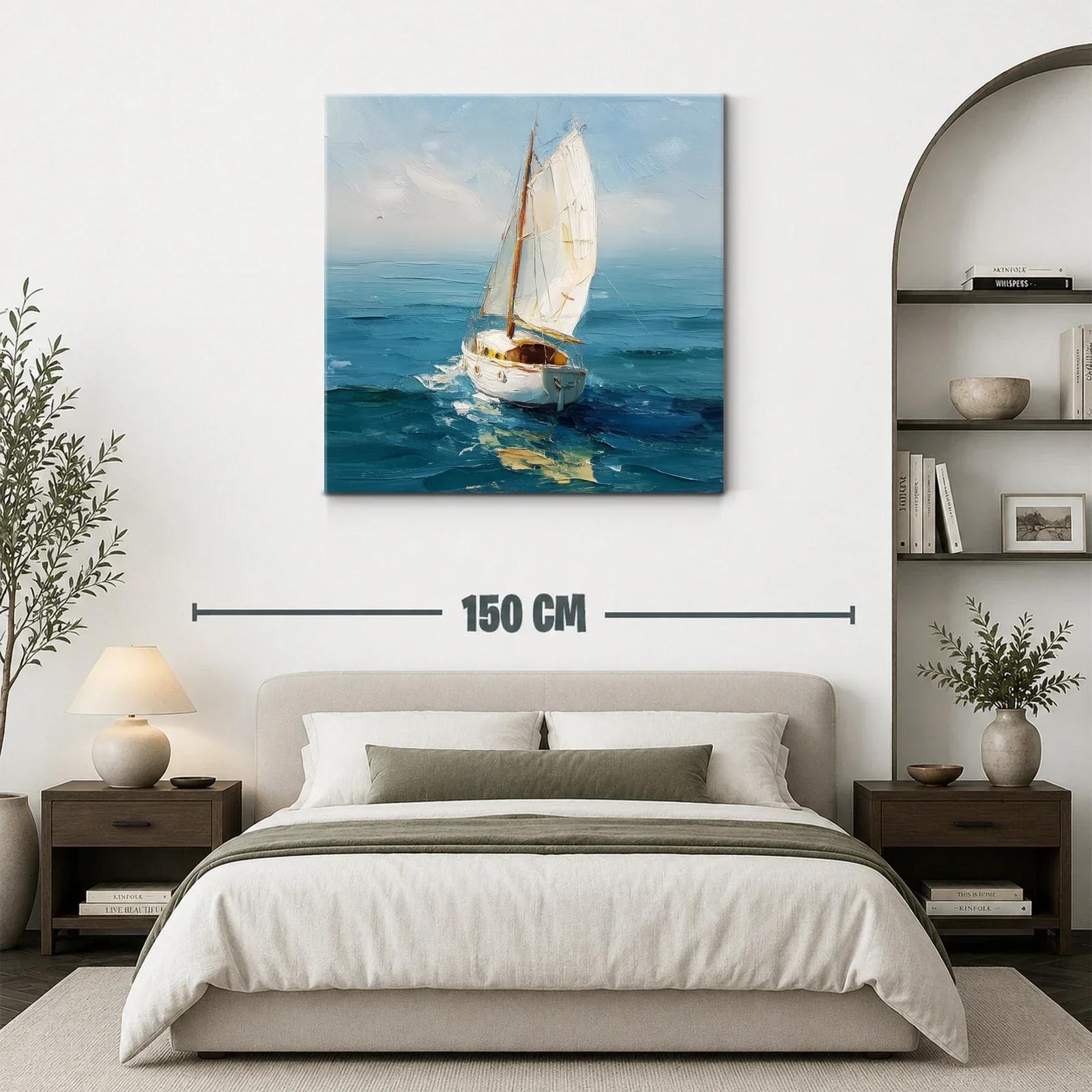 Vela blanca surcando el mar en tonos azules y celestes — miniatura 3