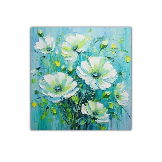 Cuadro decorativo con flores blancas y fondo azul verdoso