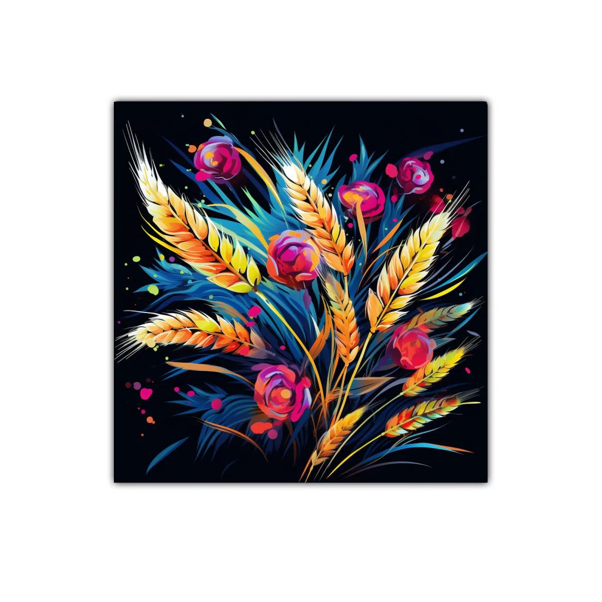 Ramo vibrante de trigo y flores en fondo oscuro — imagen principal