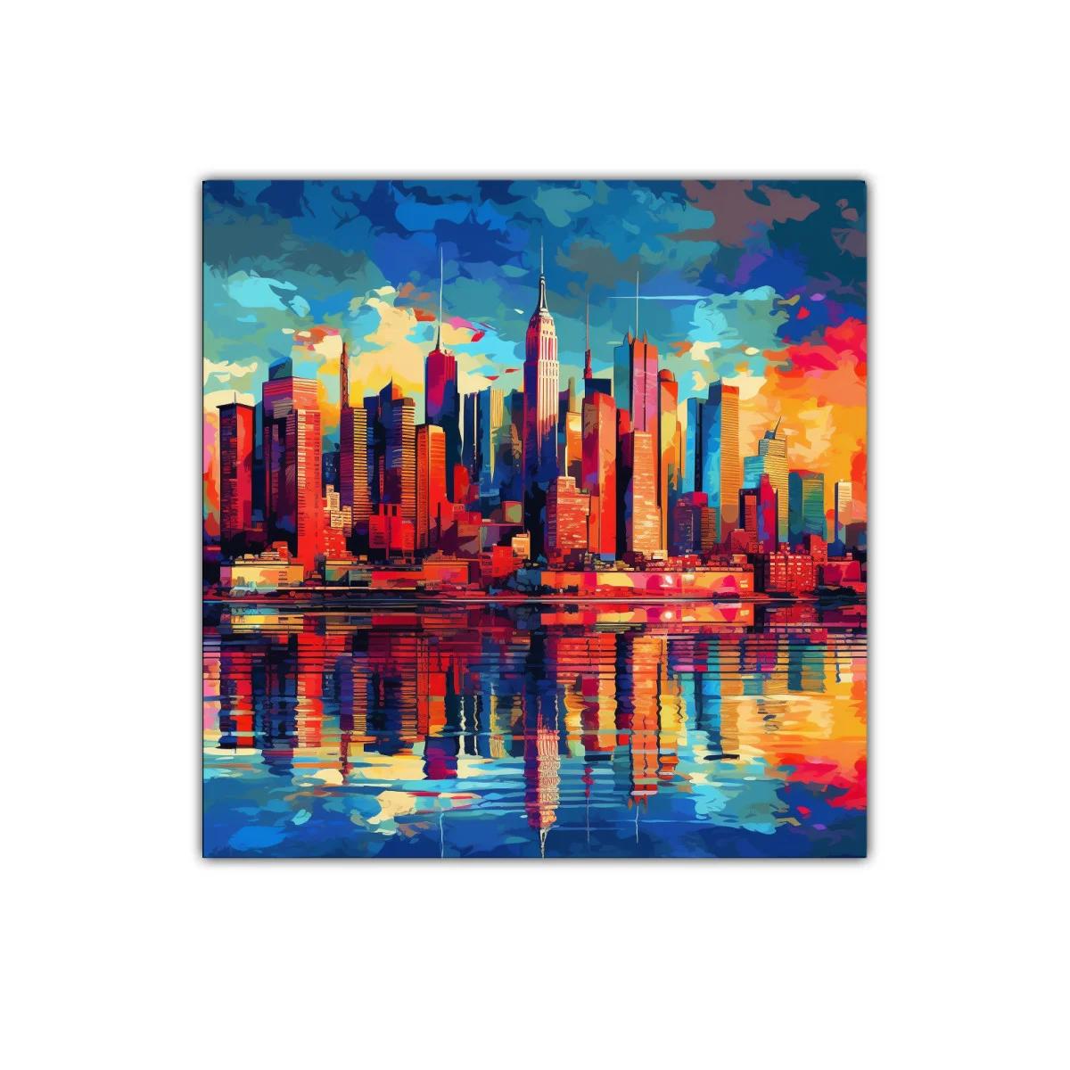 Ciudad vibrante con reflejos al atardecer en tonos intensos — imagen principal