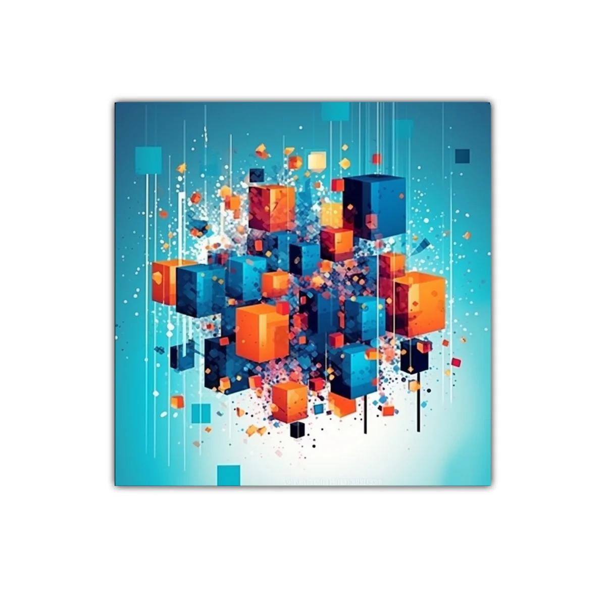 Composición abstracta de cubos en tonos azul y naranja vibrante — imagen principal