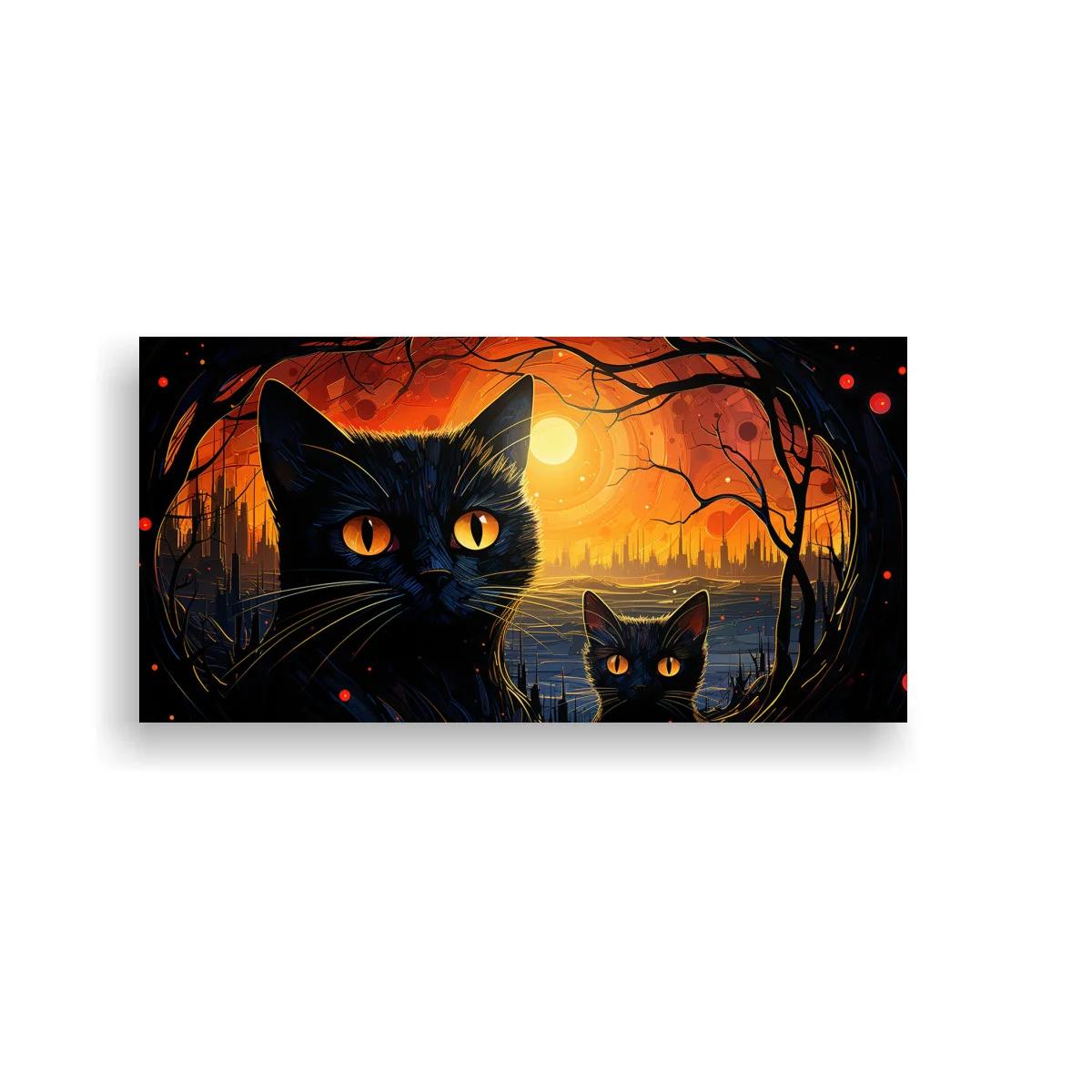 Cuadro gato negro de ojos amarillos con luna y agua