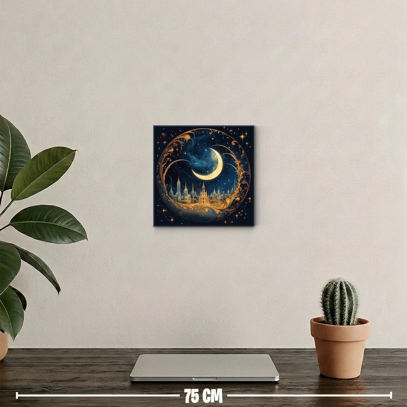 Cuadro decorativo ciudad encantada bajo luna creciente dorada — miniatura 2
