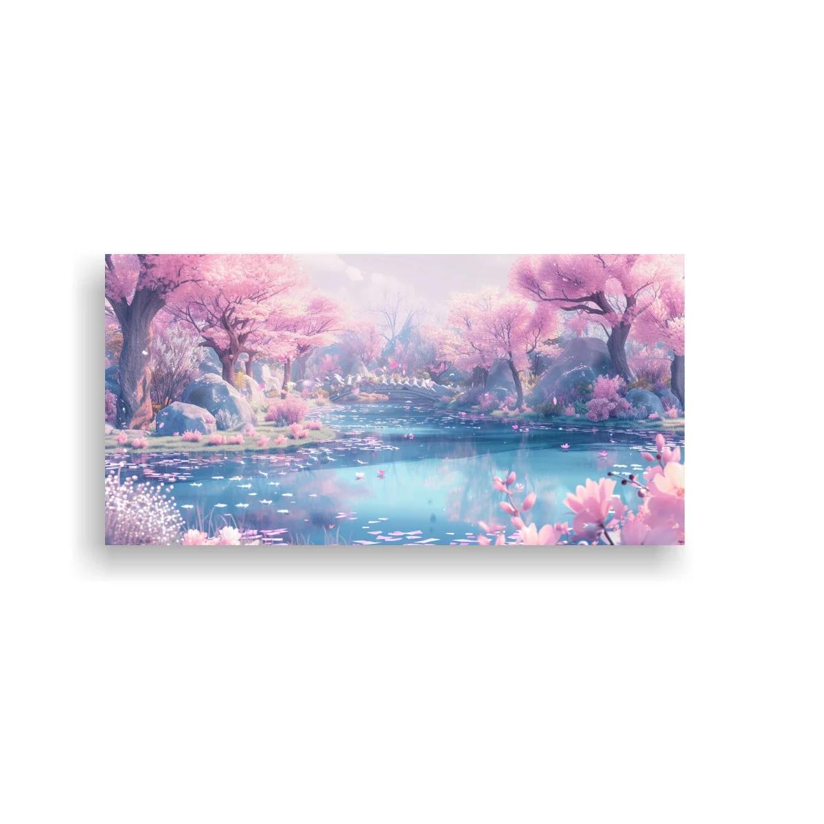 Cuadro lago entre árboles en flor rosados con reflejos suaves — imagen principal
