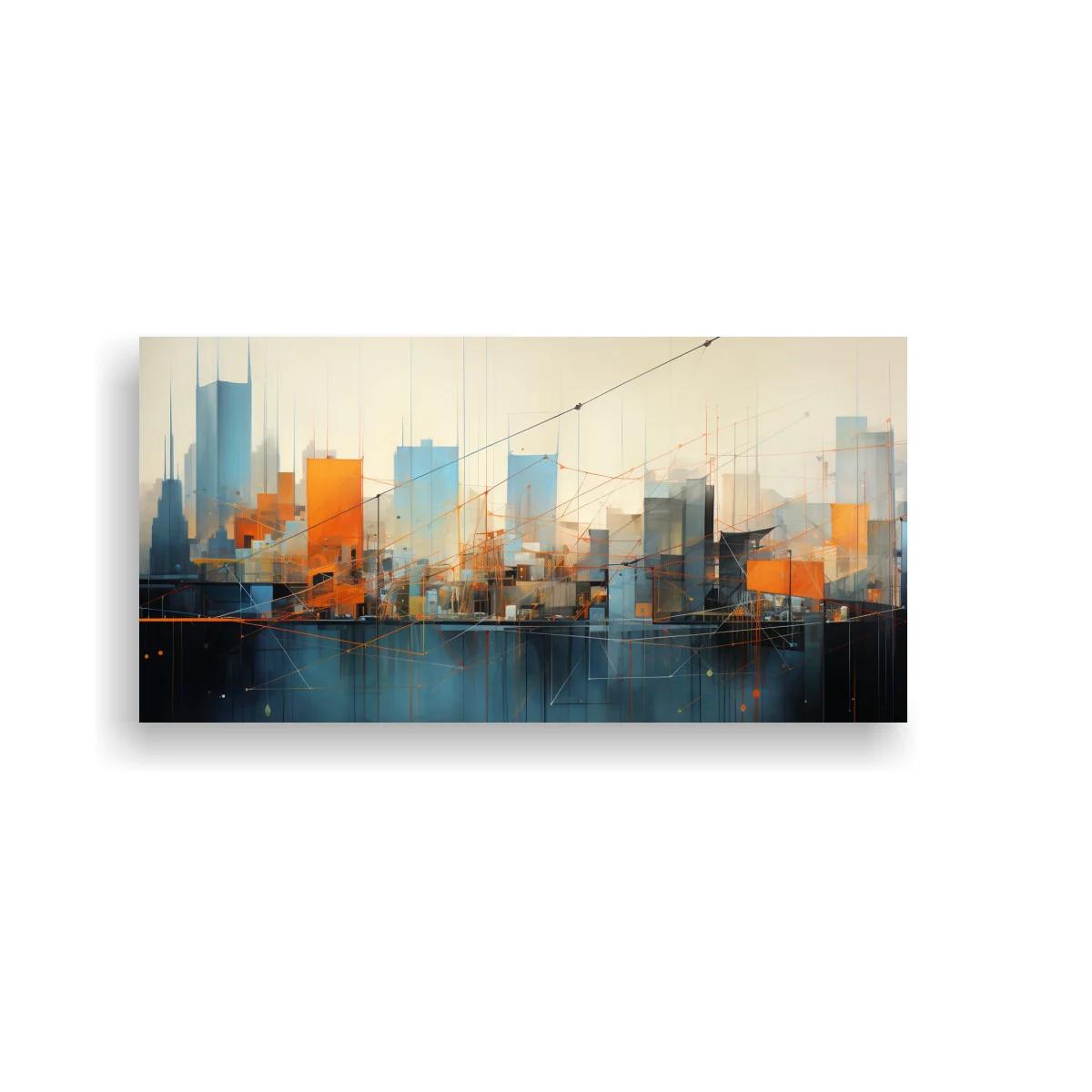 Cuadro skyline urbano abstracto con acentos naranjas — imagen principal