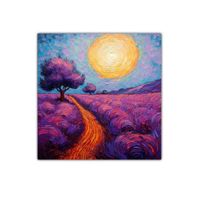 Paisaje vibrante con camino y árboles en tonos cálidos y púrpuras