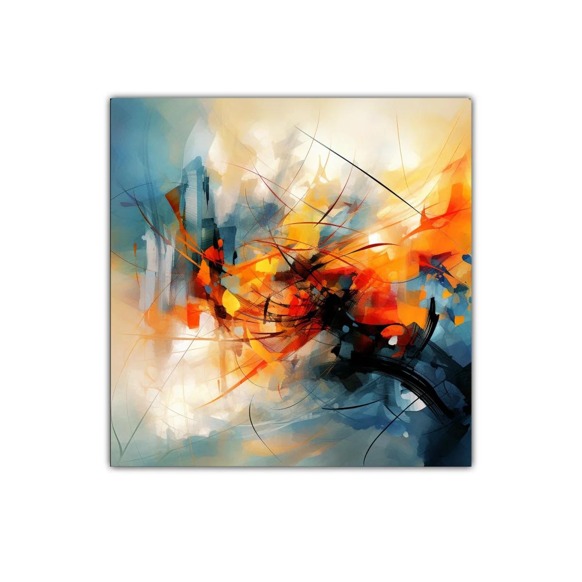 Cuadro abstracto con vibrantes tonos anaranjados y azules dinámicos
