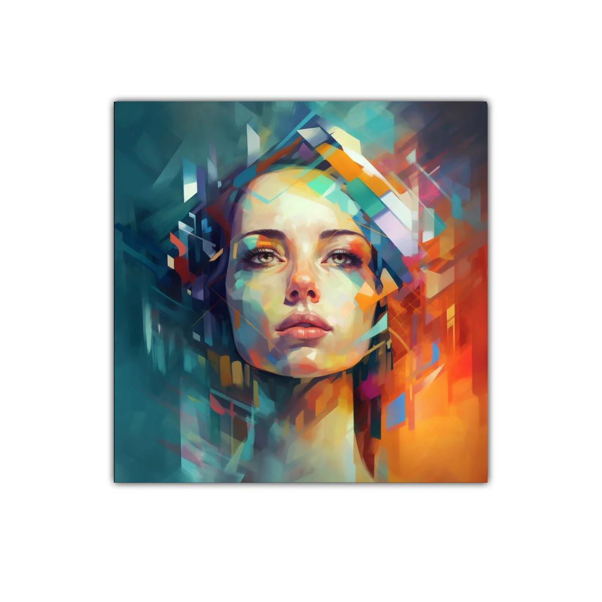 Rostro femenino con colores vibrantes y formas geométricas