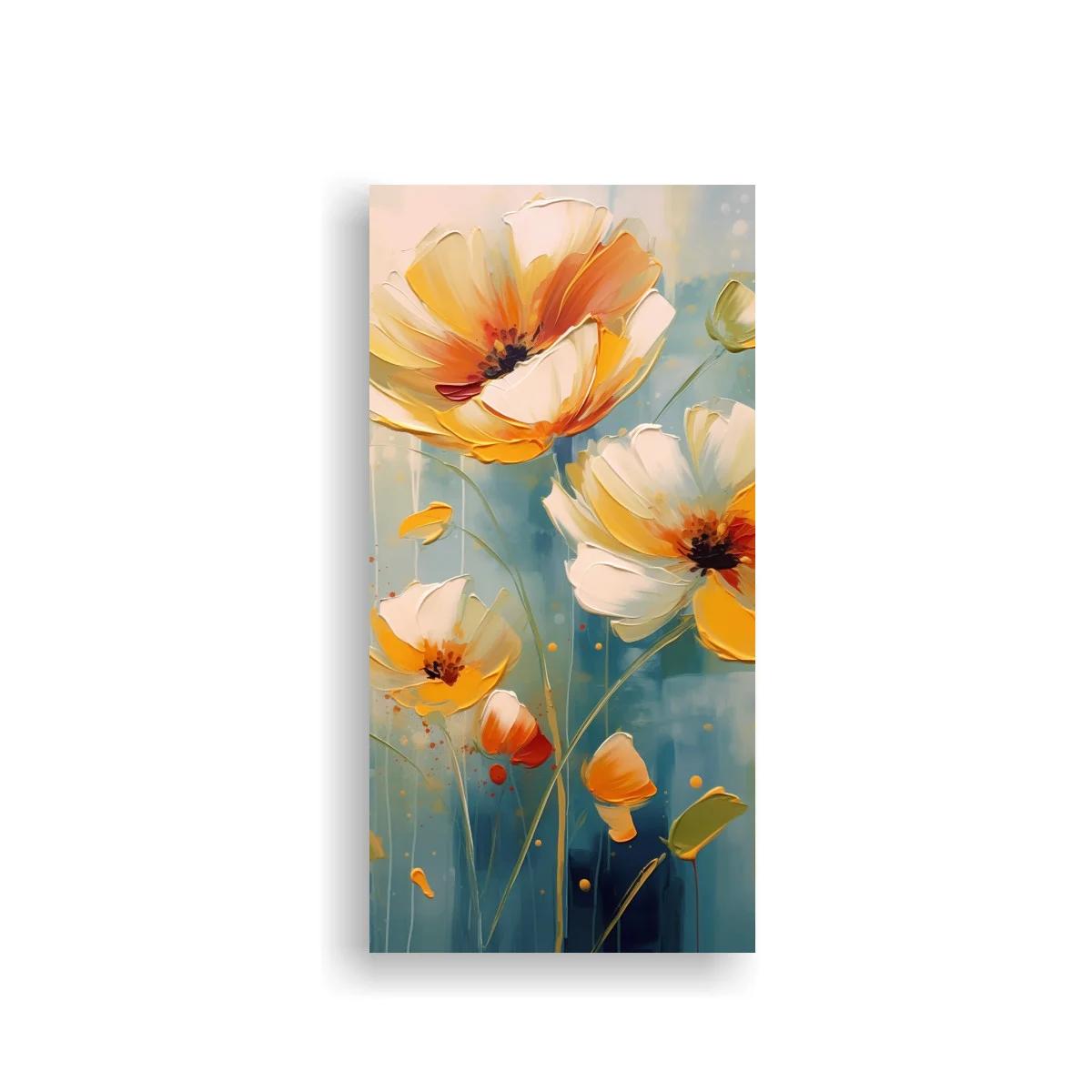 Cuadro amapolas blanco y naranja con fondo azul verdoso