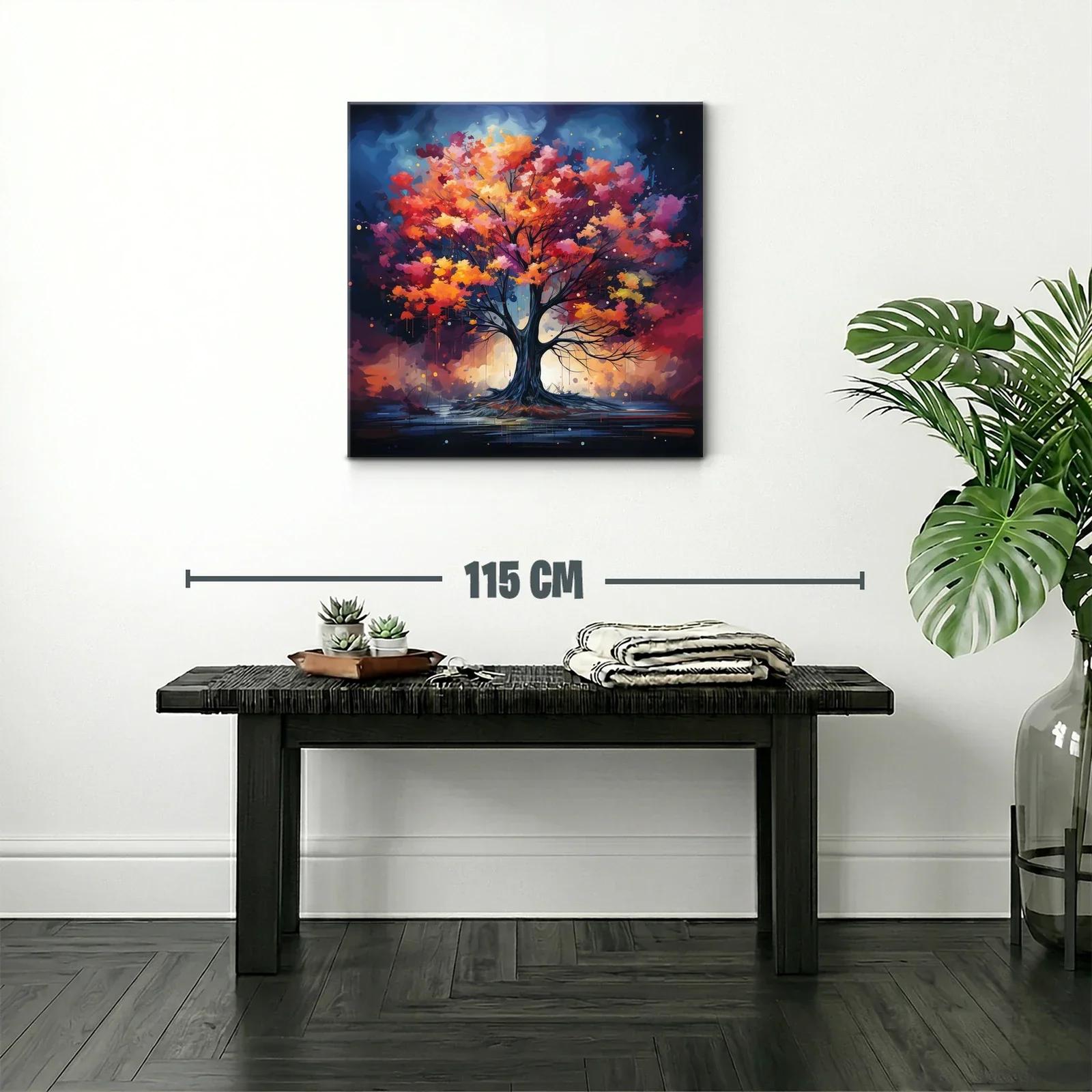Árbol vibrante con hojas en tonos cálidos y fondo celestial — miniatura 2