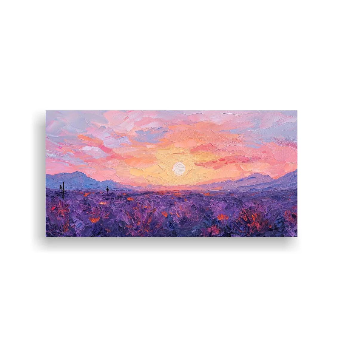 Cuadro de campo de flores moradas con cactus al atardecer