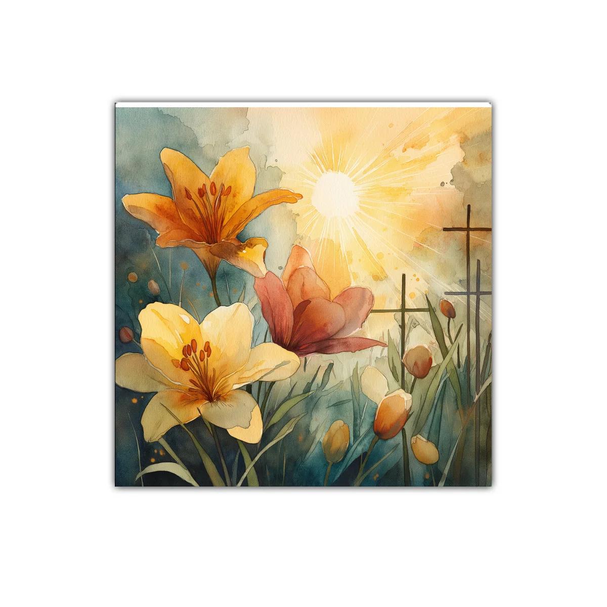 Cuadro decorativo con lirios en tonos cálidos y sol radiante — imagen principal