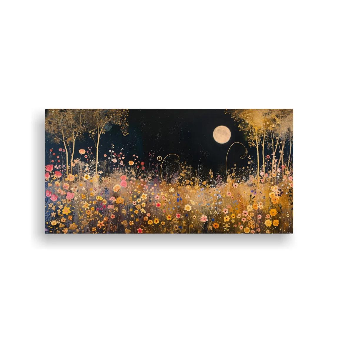 Cuadro pradera de flores silvestres con luna y árboles dorados