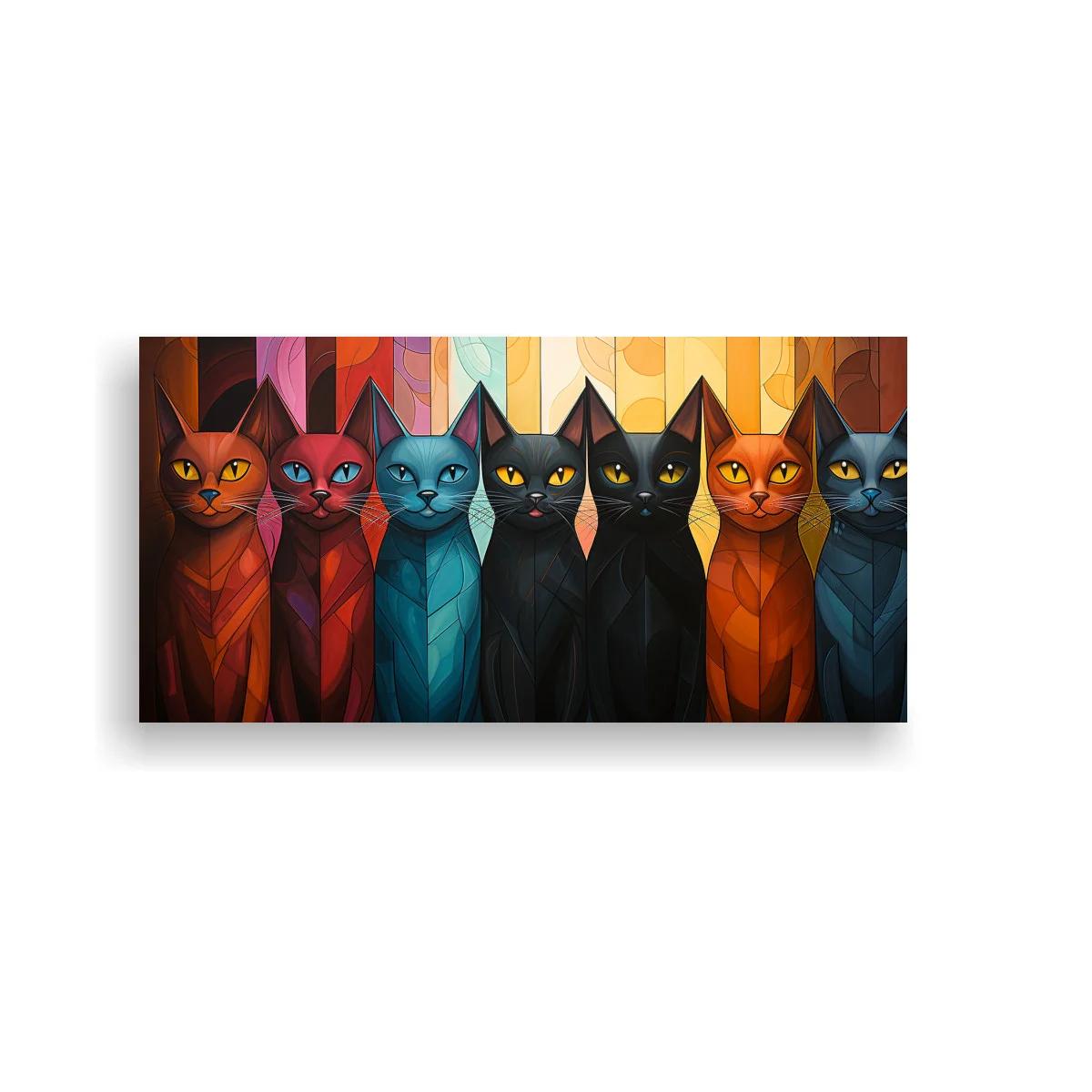Cuadro fila de gatos sobre un fondo segmentado en formas verticales