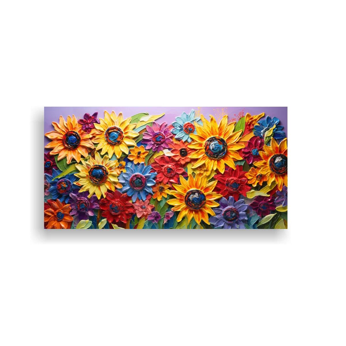 Cuadro de girasoles con flores en rojo azul y morado