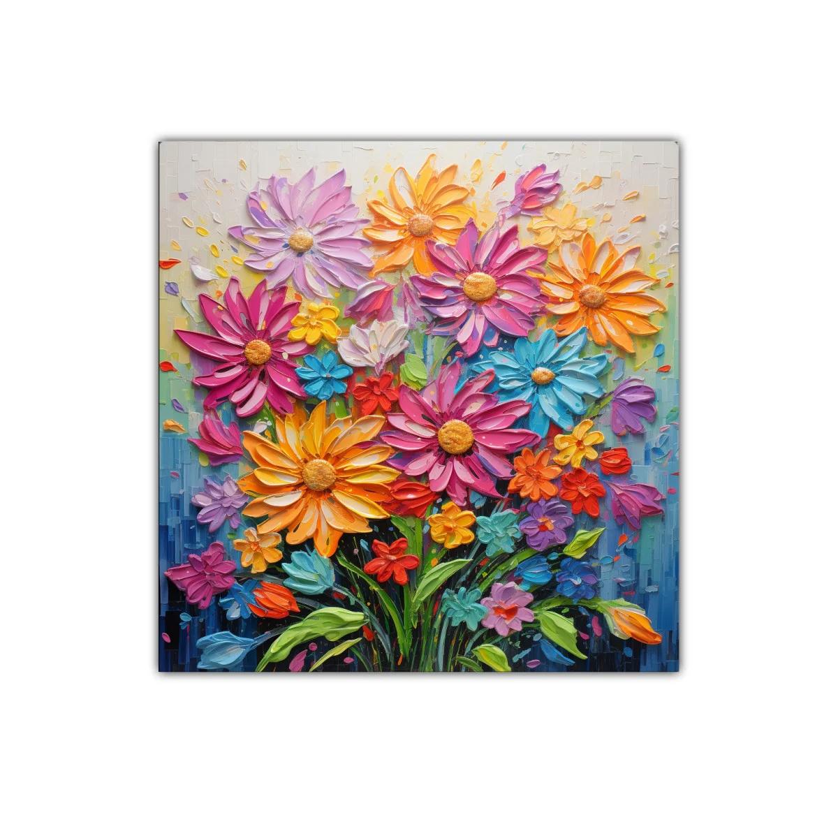 Cuadro flores vibrantes con tonos cálidos y fríos