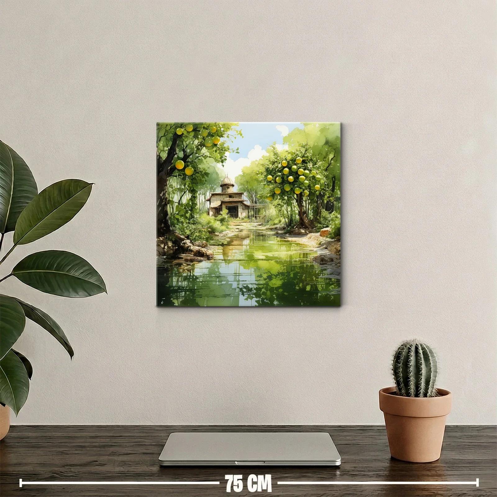 Paisaje sereno con casa y árboles frutales junto al río — miniatura 2