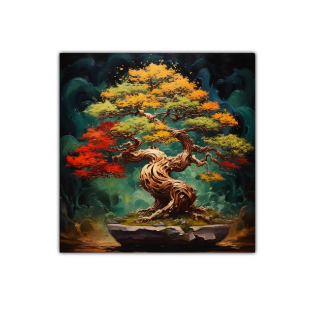 Árbol bonsái en vibrantes tonos otoñales y fondo místico