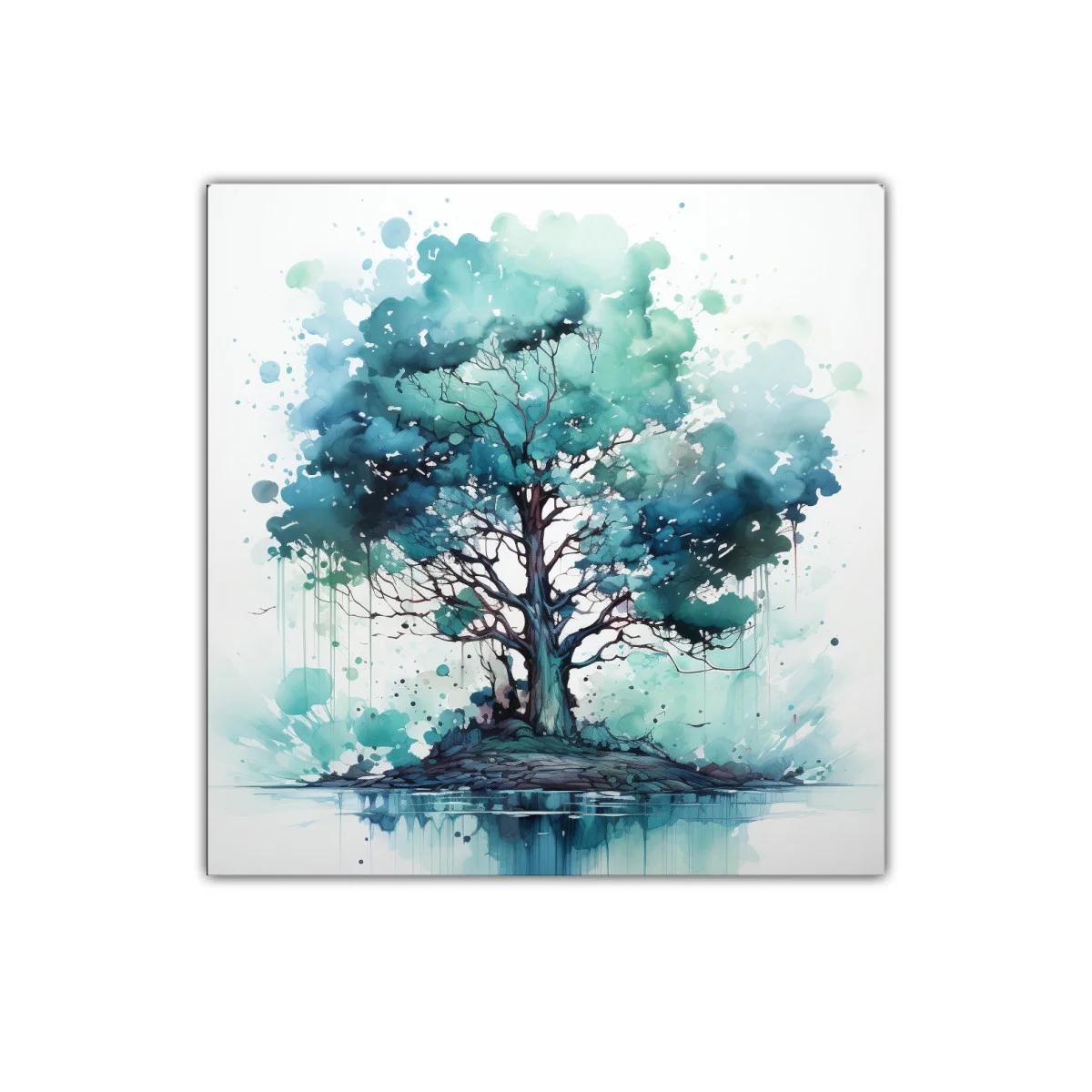 Árbol azul en isla serena con reflejo acuático — imagen principal