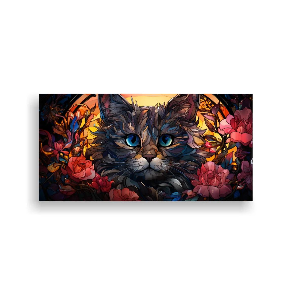 Cuadro gato de pelo largo con ojos azules y flores rosadas