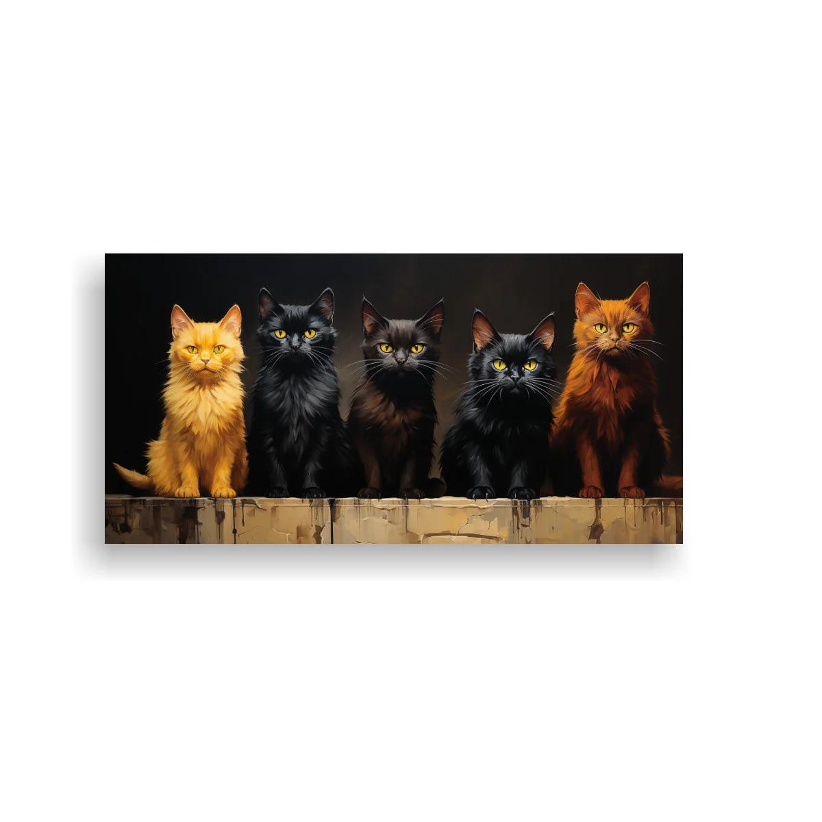Cuadro cinco gatos alineados sobre madera