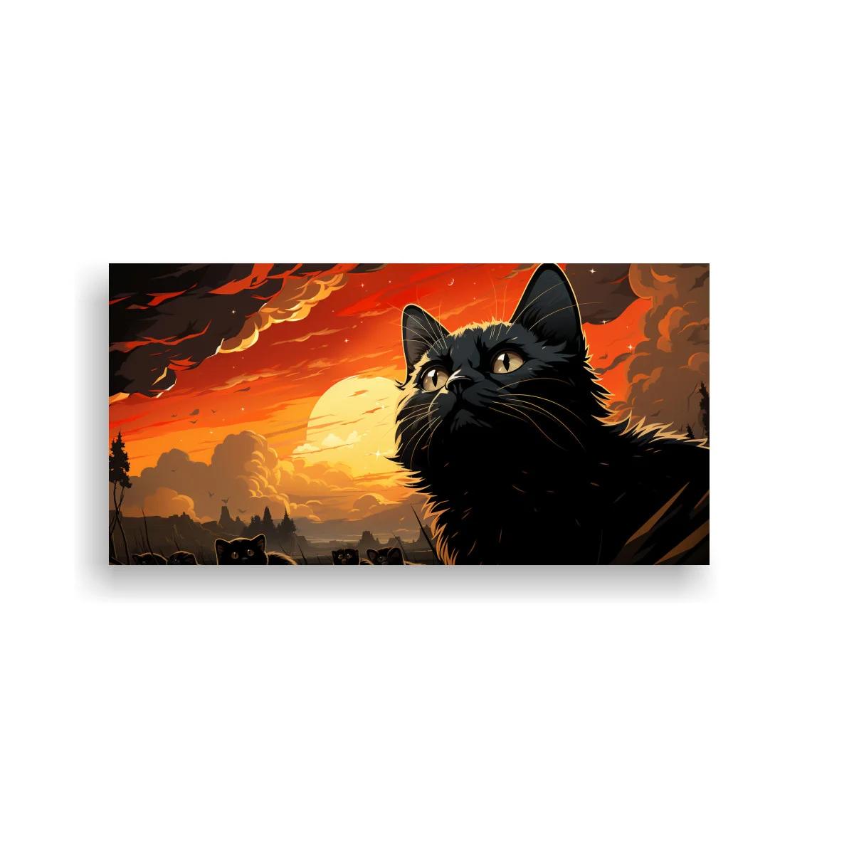 Cuadro gato negro con atardecer intenso