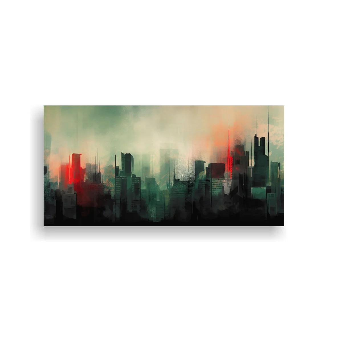 Cuadro skyline urbano con bruma y luces rojas